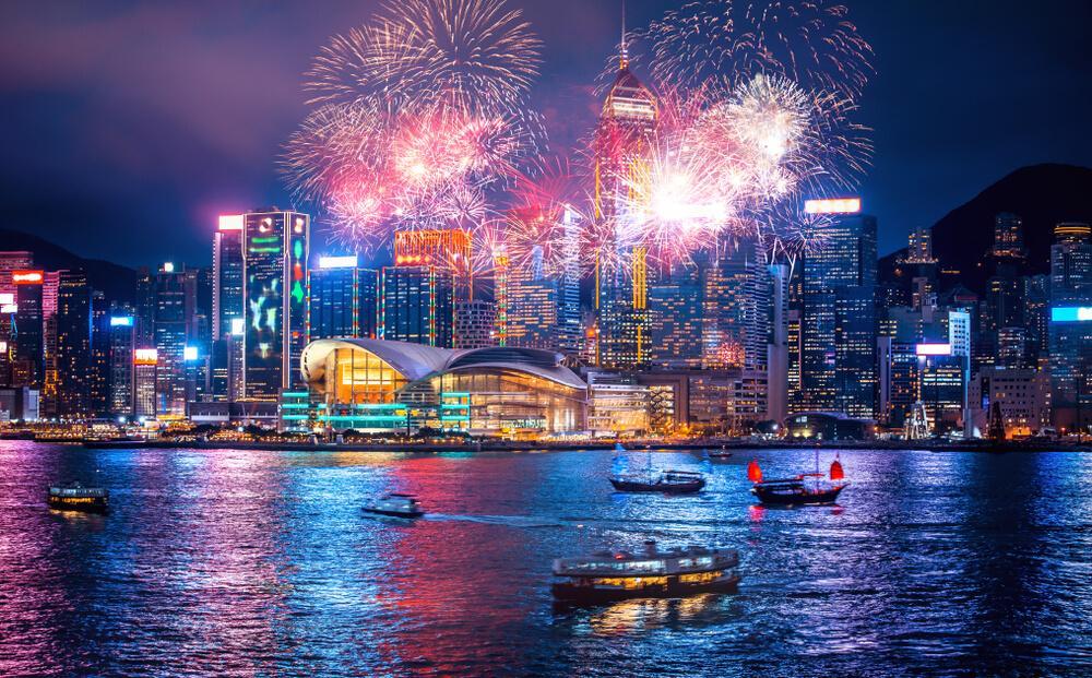 New year fireworks at the harbour in Hong Kong 